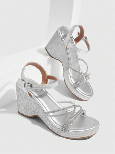 CUCCOO SZL 女士银色水钻绑带厚底坡跟凉鞋，舒适性感