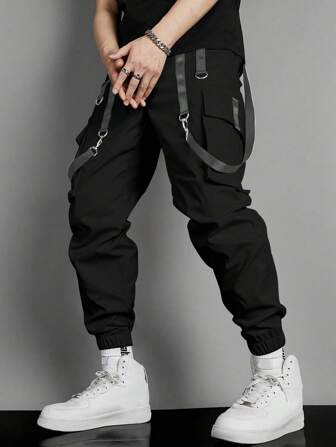 Guys Contrast Tape Flap Pocket Drawstring Waist Cargo Pants