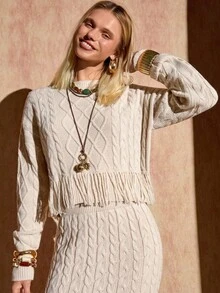EURMUSE Women Cable Knit And Rib Knit Fringe Detailed Loose Fit Knit Sweater And Midi Knit Sweater Skirt Two Pieces Set Co-Ords 2pcs,Winter Clothes - Cream - View 5