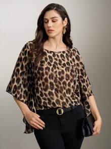 Flouryn Plus Leopard Print Batwing Sleeve Blouse For Summer - Multicolor - View 6
