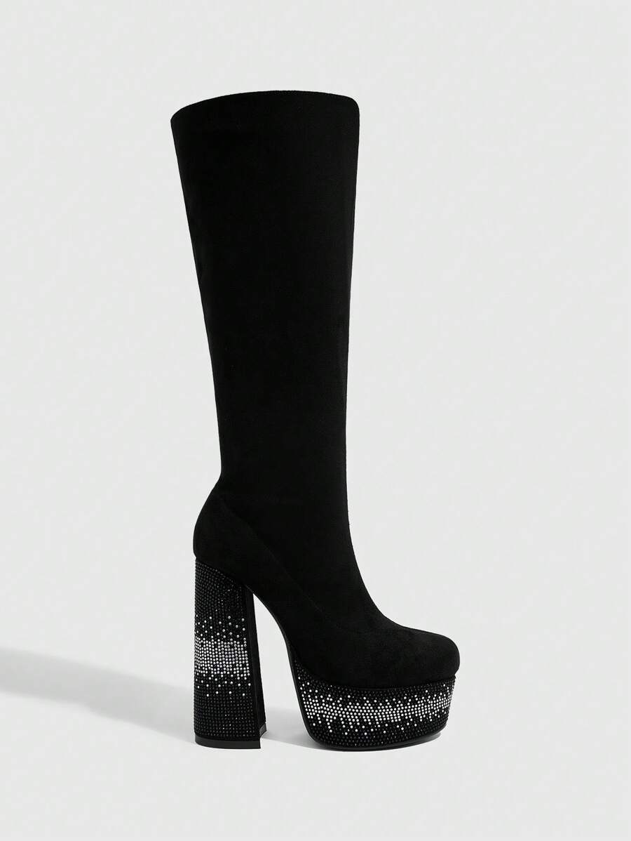 CUCCOO SZL 女士方头粗高跟鞋水钻渐变效果黑色绒面弹性时尚简约及膝长靴带拉链