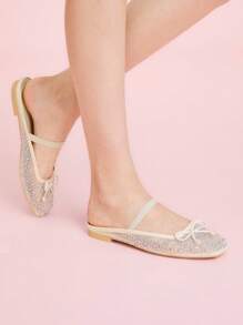 CUCCOO DOLLMOD Fashionable Women's Fully Rhinestone Mesh Bow Mary Jane Ballet Flats, Elegant Comfortable Cute Slip-On Loafers - Beige - View 5