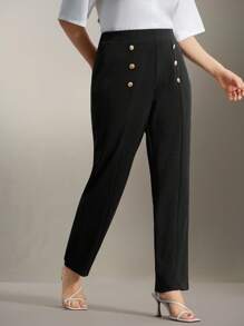 Flouryn Plus High Waist Button Detail Trousers - Black - View 5