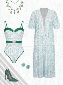 The White Lotus Swim Oasis 2pcs Fashionable One-Piece Swimsuit Set With Matching Rash Guard, Summer - Multicolor - View 1