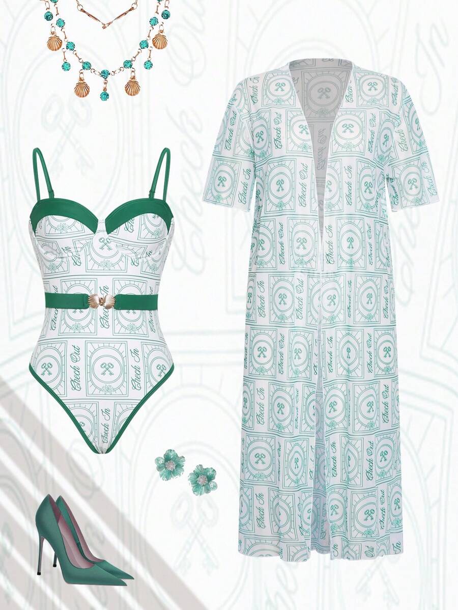 The White Lotus Swim Oasis 2pcs Fashionable One-Piece Swimsuit Set With Matching Rash Guard, Summer - Multicolor - View 1