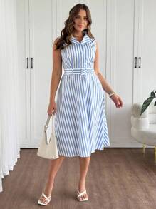SHEIN PETITE Plus Size Sleeveless Casual Commuting Dress For Summer - Blue and White - View 3