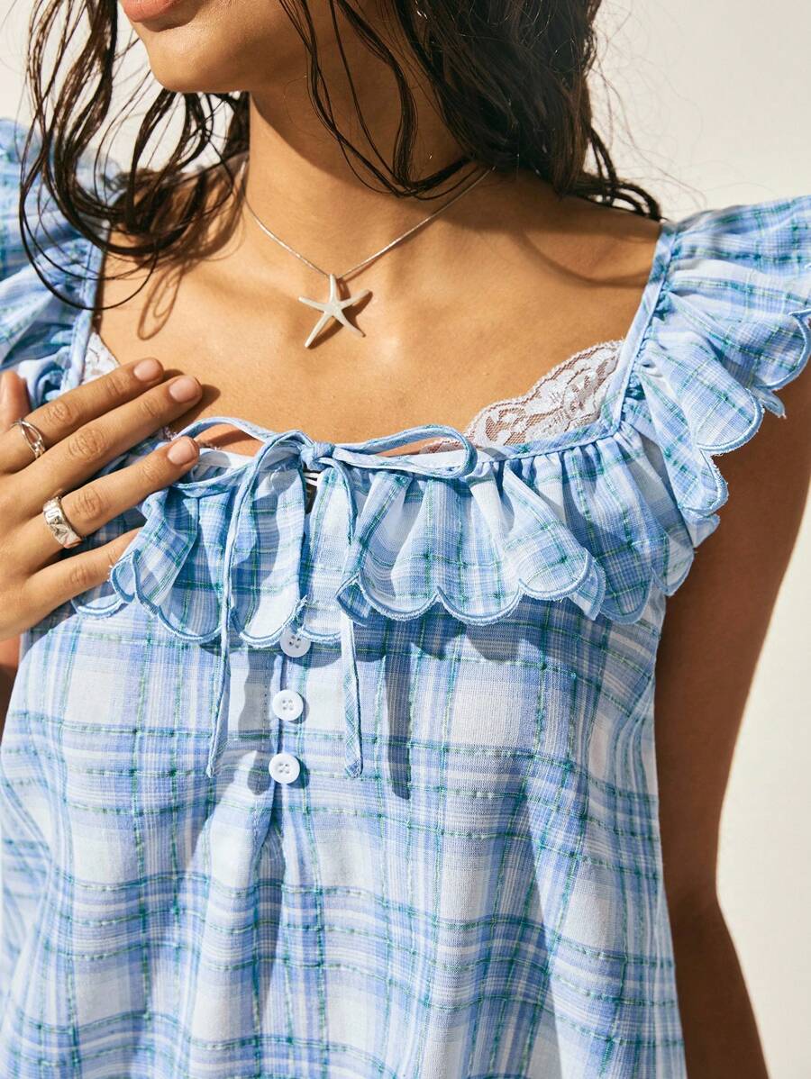 Easelle 复古游牧风格方领格子荷叶边女式连衣裙 - 彩色 - 查看 1