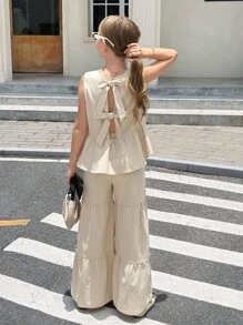 SHEIN 青少年女孩荷叶边下摆后系带蝴蝶结圆领无袖上衣和阔腿裤两件套，夏季休闲纯色 Kakki 色背心和裤子两件套