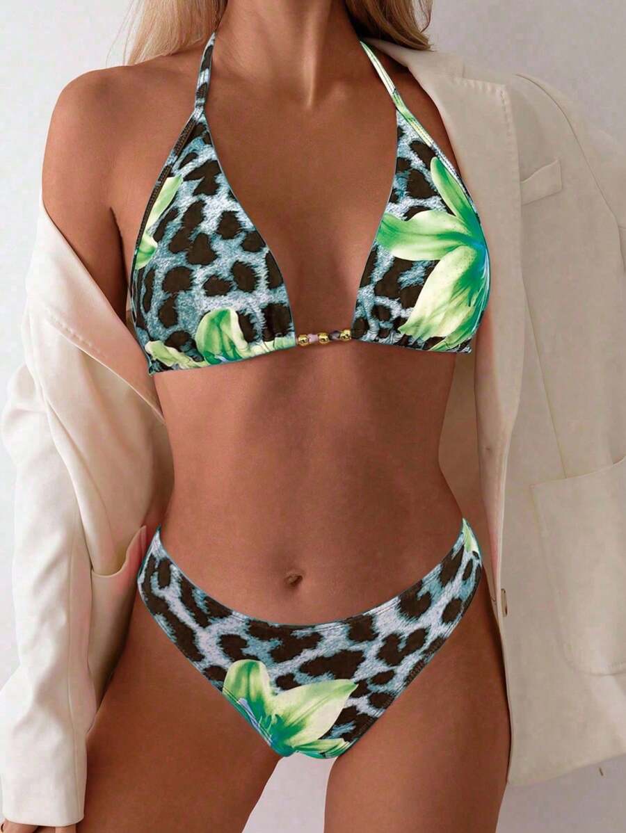 SHEIN Swim 2件套斑马条纹V领比基尼泳装套装 - 彩色 - 查看 1