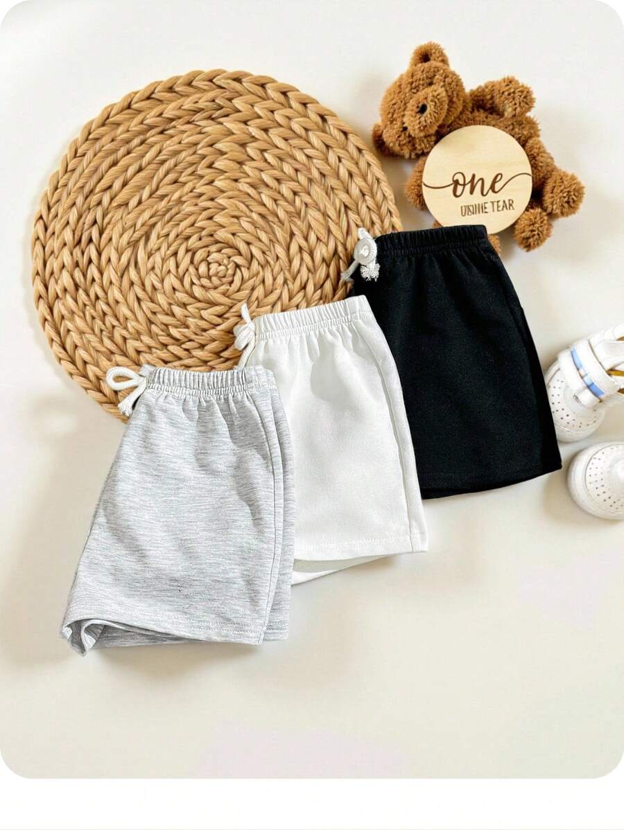 Baby Jungen Sportshorts Mit Dekorativem Webmuster Und Elastischer Taille, 3 Stücke/set - Verschiedenfarbig - Übersicht 1