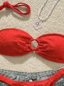 SHEIN Ensemble de bikini bandeau en tissu floral ajouré de couleur unie pour femmes, parfait pour les vacances d'été