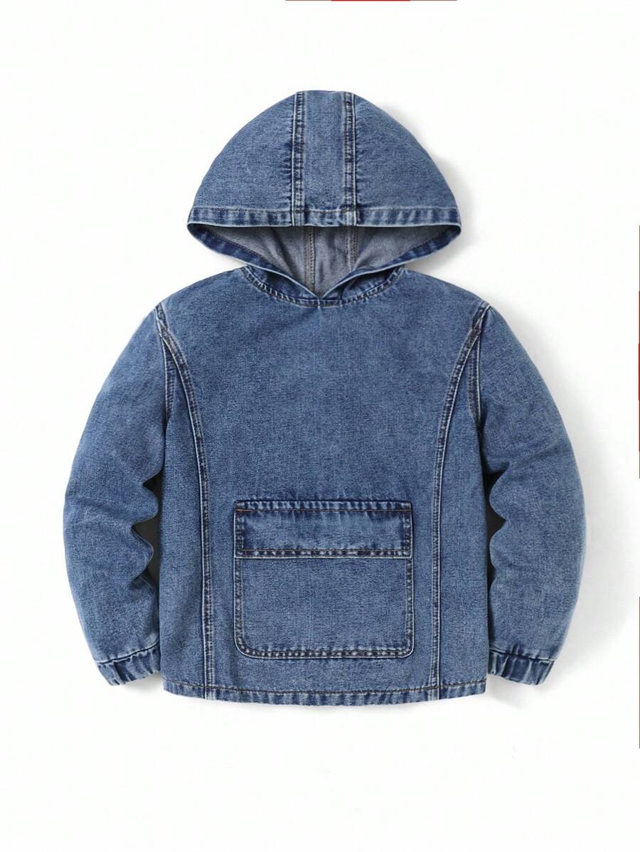 Denimly 青少年男孩野性学院风户外休闲街头风做旧牛仔夹克，带帽和罗纹袖口 - 中等水洗藍 - 查看 1