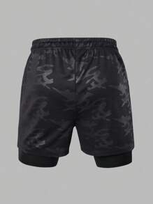 Manfinity Sport Corelite 男士夏季休闲手机口袋抽绳腰运动短裤二合一短裤交叉短裤跑步短裤健身短裤 - 黑色 - 查看 2