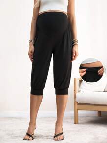 SHEIN Maternity Casual Solid Color High Waist Capri Pants - Black - View 1