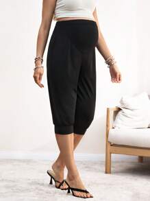 SHEIN Maternity Casual Solid Color High Waist Capri Pants - Black - View 6
