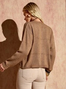 Bóhologie Women Solid Color Front Tie Hollow Out Detailed Drop Shoulder Brown Cardigan,Long Cardigans Woman,Petite Cardigans,Cardigans - Brown - View 3