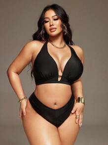 Swim SXY Conjunto de traje de baño de talla grande para mujer con escote en V y correa de cuello halter para vacaciones en la playa