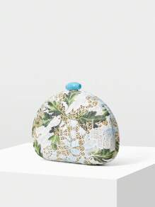 MOTF PREMIUM Bolso de mano estilo vacaciones de mujer con estampado floral tejido - Celeste - Ver 3