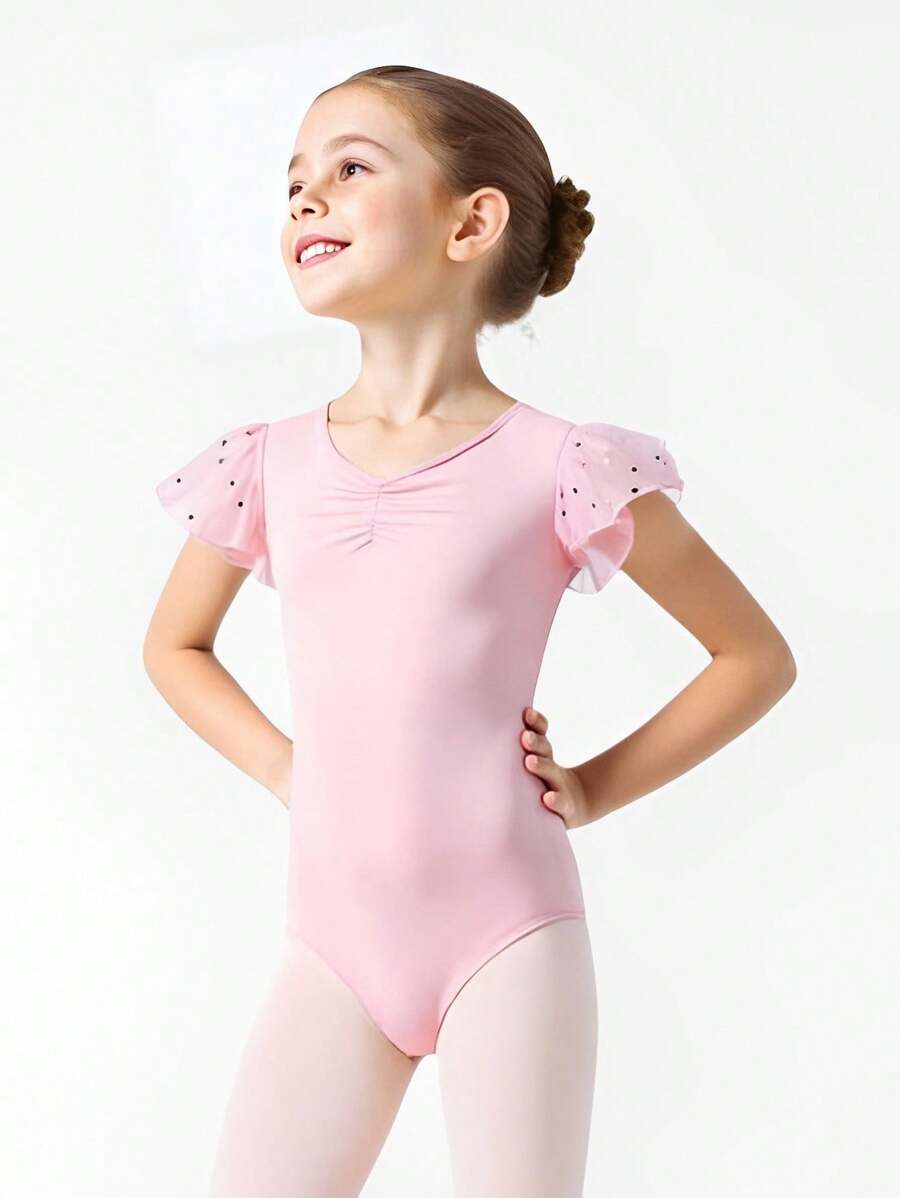SHEIN Young Girl's Short Sleeve Pink Ballet Leotard, 4-Way Stretch, High Flexibility, Spring/Summer - Pink - View 1