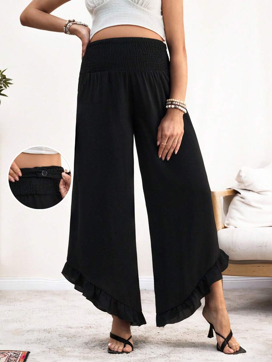 SHEIN Pantalon de femme enceinte taille haute patte d'éléphant avec volant à l'ourlet - Noir - Voir 1