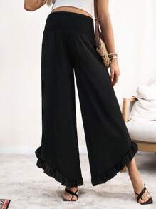 SHEIN Pantalon de femme enceinte taille haute patte d'éléphant avec volant à l'ourlet - Noir - Voir 5
