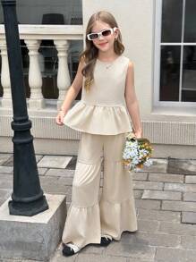 SHEIN 青少年女孩荷叶边下摆后系带蝴蝶结圆领无袖上衣和阔腿裤两件套，夏季休闲纯色 Kakki 色背心和裤子两件套