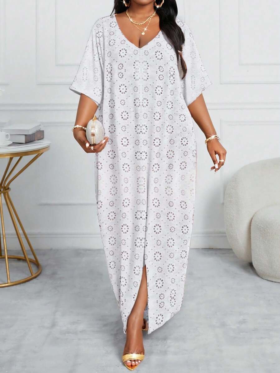 SHEIN Lady 春夏休闲优雅波西米亚风通勤办公室白色编织刺绣 V 领直筒束腰连衣裙卡夫坦连衣裙长款大码连衣裙复活节连衣裙女士春季服装女士度假服装女士沙滩装女士海滩度假沙滩裙 - 白色 - 查看 1
