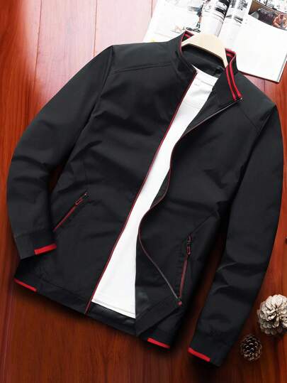 Manfinity Homme 男士撞色滚边口袋拉链休闲长袖夹克，黑红配色，商务休闲，适合冬季和秋季穿着。