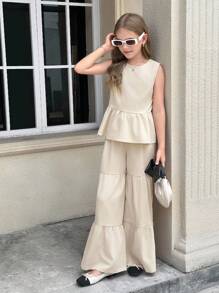 SHEIN 青少年女孩荷叶边下摆后系带蝴蝶结圆领无袖上衣和阔腿裤两件套，夏季休闲纯色 Kakki 色背心和裤子两件套