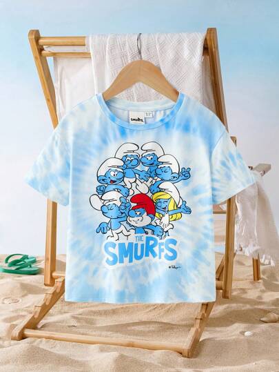 SHEIN X The Smurfs Young Girl Tie-Dye Cartoon Graphic Blue Short Sleeve T-Shirt, Cute, Summer