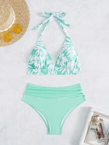 Swim Mod Women's Random Print Bikini Set For Summer Beach Vacation - Green - View 1