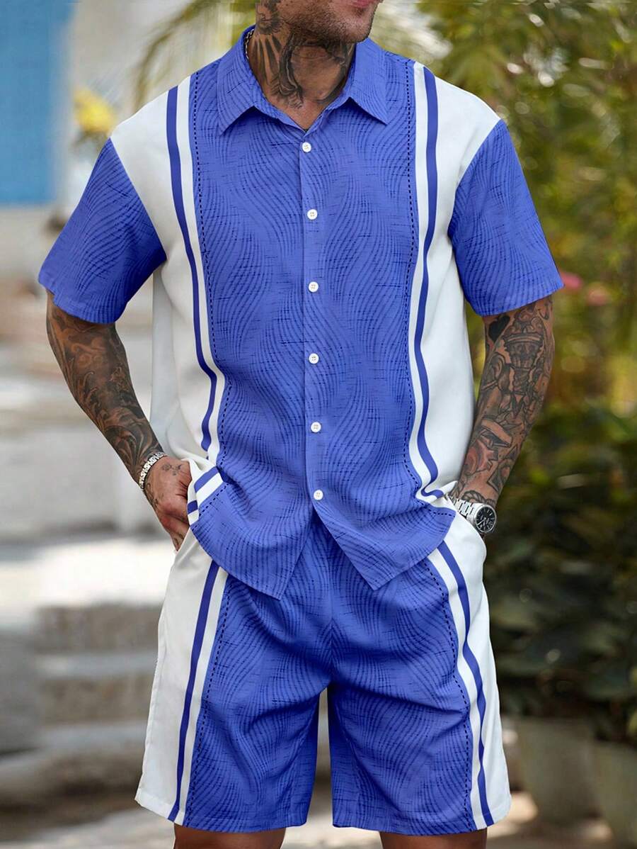 Manfinity Homme Bộ áo sơ mi và quần short chắp vá màu sắc thường ngày mùa hè dành cho nam - Nhiều màu - Xem 1