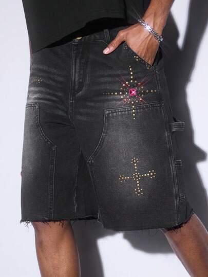 Goth Men's Loose Cross Diamond Embellished Casual Denim Shorts