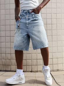 ROMWE MEN Street Life 男士休闲水洗牛仔双层腰带短裤