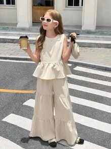 SHEIN 青少年女孩荷叶边下摆后系带蝴蝶结圆领无袖上衣和阔腿裤两件套，夏季休闲纯色 Kakki 色背心和裤子两件套