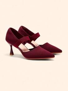 CUCCOO BASICS Giày cao gót mũi nhọn mỏng cơ bản đi làm tối giản thoáng khí màu đỏ tía hở mũi co giãn dệt kim, giày công sở - Màu Đỏ Sâu - Xem 3