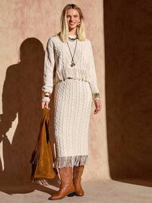 EURMUSE Women Cable Knit And Rib Knit Fringe Detailed Loose Fit Knit Sweater And Midi Knit Sweater Skirt Two Pieces Set Co-Ords 2pcs,Winter Clothes - Cream - View 6