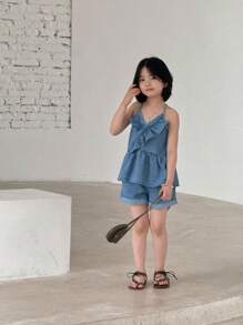 2pcs/Set Young Girl' New Light Blue Fashion Spaghetti Strap Tank Top And Ruffle Hem Shorts Set, Cute Kids Summer Outfit - Medium Wash - View 5
