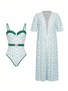 The White Lotus Swim Oasis 2pcs Fashionable One-Piece Swimsuit Set With Matching Rash Guard, Summer - Multicolor - View 7