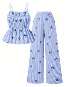 SHEIN Bộ 2 món áo hai dây kẻ sọc trang trí nơ và quần ống đứng, thích hợp cho kỳ nghỉ hè của bé gái. - Màu xanh lam - Xem 8