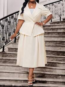 SHEIN Lady Spring And Summer Elegant Commuting Office Woven Lapel Ball Gown Bishop Sleeve Gold Button Midi Short Sleeve Plus Size Co-Ords - Beige - View 4