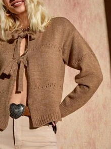Bóhologie Women Solid Color Front Tie Hollow Out Detailed Drop Shoulder Brown Cardigan,Long Cardigans Woman,Petite Cardigans,Cardigans - Brown - View 2