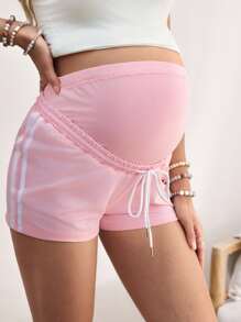 SHEIN Casual Loose Contrast Trim Digital Print Maternity Shorts - Pink - View 4