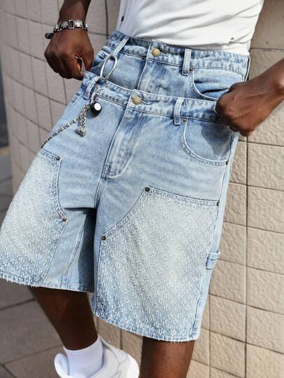 Street Life Shorts décontractés en jean lavé à double ceinture pour hommes