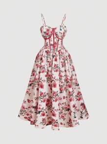 SHEIN MOD Robe midi bohème à fleurs grande taille avec bretelles spaghetti pour les fêtes de jardin, robe cami femme avec imprimé floral et bordure color block, style peinture, robes pour femmes été/automne, robe rétro pastorale, robe d'anniversaire robe midi à fleurs robe de fête de jardin robe imprimée rose robe midi à corset, robe décontractée d'anniversaire pour femme robe midi, robe de cocktail pour invitée de mariage, robes d'anniversaire pour femmes robe chic robe de laitière - Multicolore - Voir 5