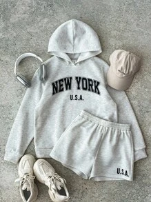Light Grey Hooded Teen Girls Sweatshirt Co-Ord With Pocket And Casual Shorts Fall Winter