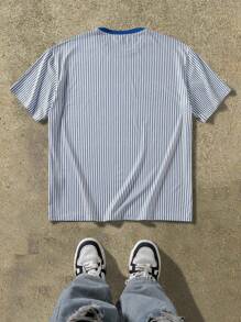 Manfinity Hypemode Camiseta de manga corta casual para hombres con estampado de rayas y letras, ropa de calle de moda, estilo preppy, adecuado como regalo para el novio, camiseta retro