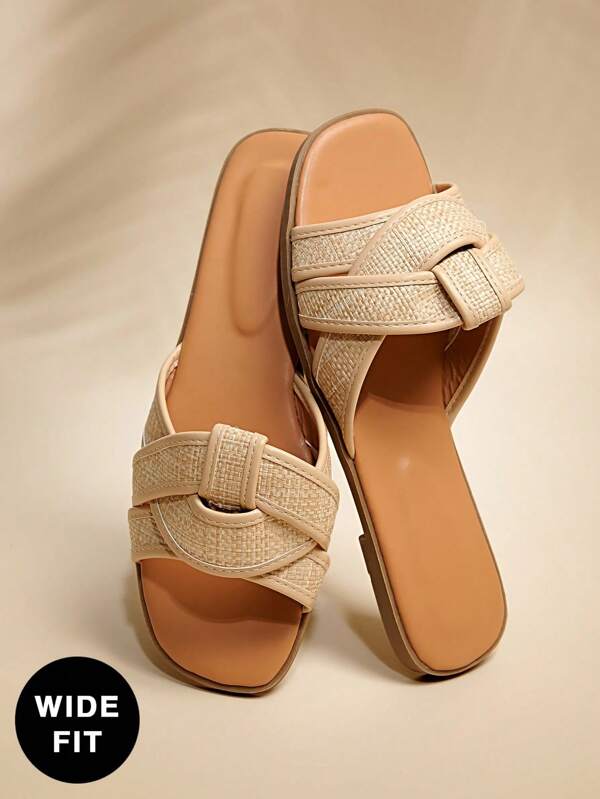 SHUZIA Sandalias planas de estilo romano vintage de rafia tejida con ajuste ancho para mujer