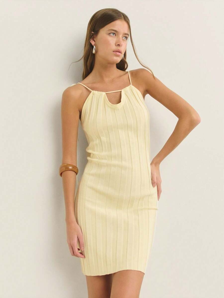 Nöista Women's Pale Yellow Autumn Chic Brunch Bodycon Dress Ribbed Knit Sweetheart Neckline Tie Straps,Fitted Lightweight Breathable Beach Outfits Summer - Beige - View 1