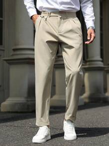 Manfinity Mode 男士简约休闲纯色卷边商务正装裤男百褶裤卡其色正装裤男高腰裤夏季男士裤子 - 卡其色 - 查看 3